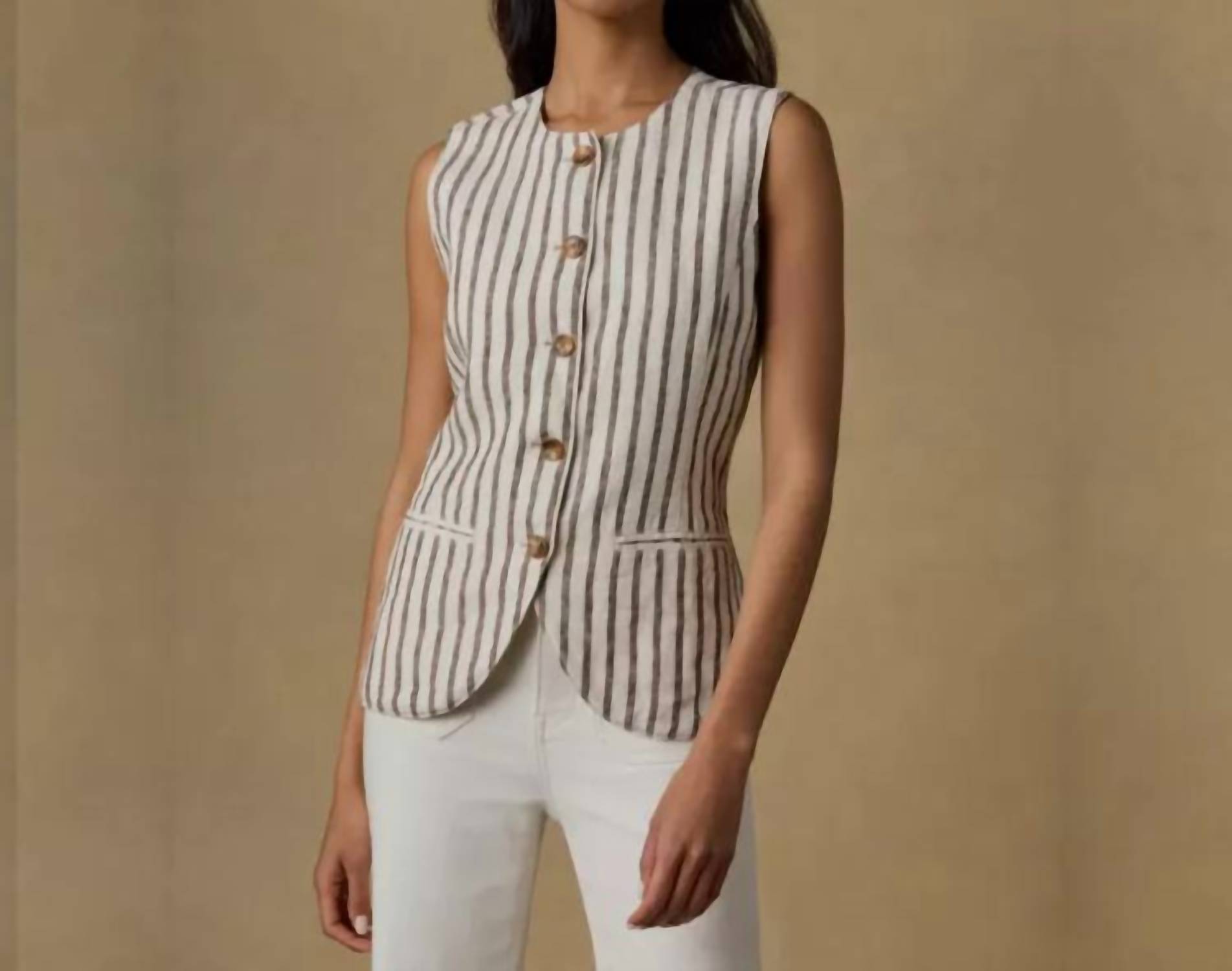 New Faherty Sun Strider Linen Vest In Cocoa Grove Stripe